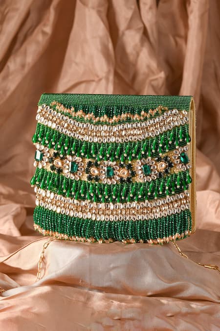 The Purple Sack Green Beads, Embroidery Sukoon Embellished Clutch With Sling 