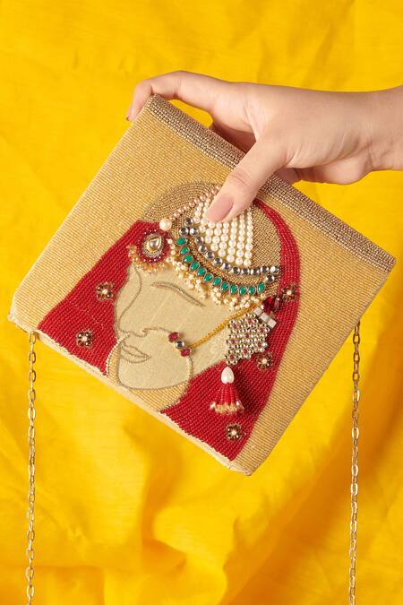 Shop The Purple Sack Multi Color Embroidery, Beads Dulhan Motif Clutch With Sling Online at Aza Fashions Shop_The Purple Sack_Multi Color Embroidery, Beads Dulhan Motif Clutch With Sling _Online_at_Aza_Fashions