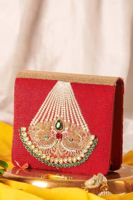 Shop_The Purple Sack_Multi Color Embroidery, Pearls Aveera Embellished Clutch With Sling _at_Aza_Fashions