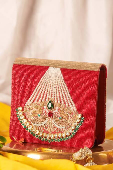 The Purple Sack_Multi Color Embroidery, Pearls Aveera Embellished Clutch With Sling _Online_at_Aza_Fashions