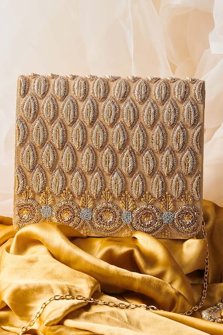 The Purple Sack Gold Embroidery, Beads Anaayera Embellished Clutch With Sling 