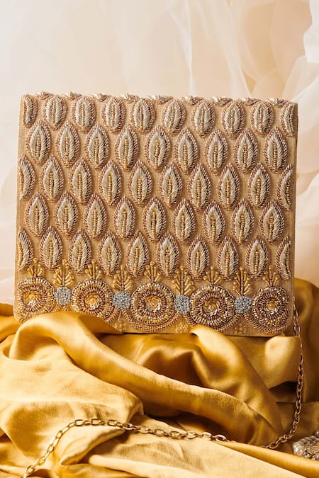 Shop The Purple Sack Gold Embroidery, Beads Anaayera Embellished Clutch With Sling at Aza Fashions Shop_The Purple Sack_Gold Embroidery, Beads Anaayera Embellished Clutch With Sling _at_Aza_Fashions