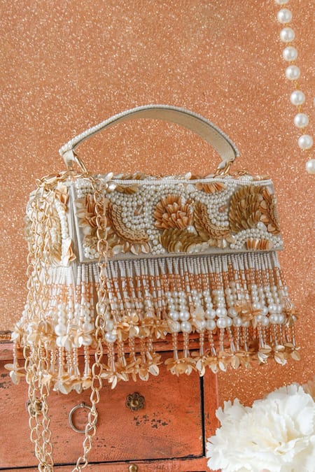 Shop The Purple Sack Gold Embroidery, Beads Alexxa Embellished Clutch With Sling at Aza Fashions Shop_The Purple Sack_Gold Embroidery, Beads Alexxa Embellished Clutch With Sling _at_Aza_Fashions