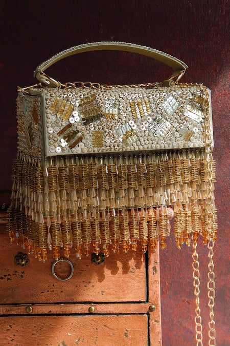 The Purple Sack Gold Embroidery, Beads Rizuana Embellished Clutch With Sling 