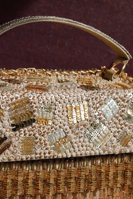 The Purple Sack Gold Embroidery, Beads Rizuana Embellished Clutch With Sling Online at Aza Fashions The Purple Sack_Gold Embroidery, Beads Rizuana Embellished Clutch With Sling _Online_at_Aza_Fashions