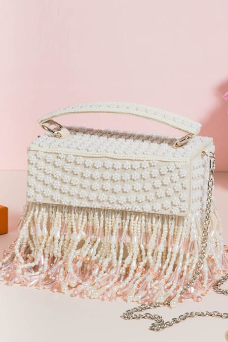 The Purple Sack White Embroidery, Beads Roshiyaan Embellished Clutch With Sling 