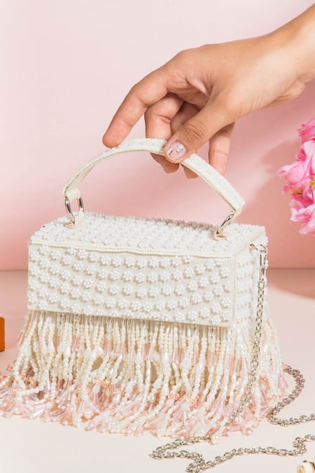 Shop The Purple Sack White Embroidery, Beads Roshiyaan Embellished Clutch With Sling at Aza Fashions Shop_The Purple Sack_White Embroidery, Beads Roshiyaan Embellished Clutch With Sling _at_Aza_Fashions