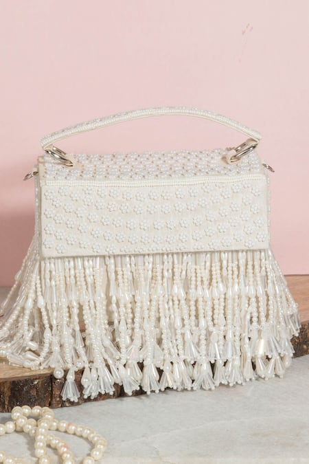 The Purple Sack White Embroidery Apsara Embellished Clutch With Sling 