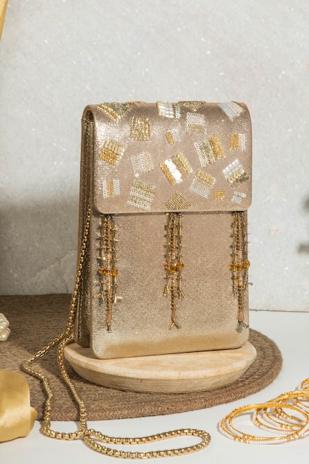 The Purple Sack Gold Sequins, Beads Nagma Embellished Clutch With Sling 
