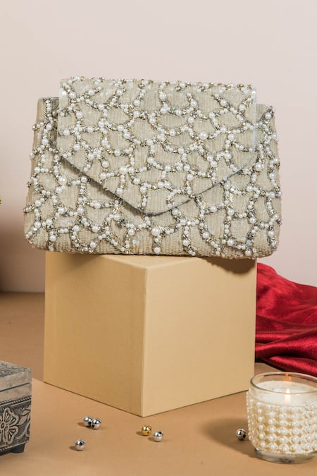 The Purple Sack Silver Embroidery Embellished Clutch With Sling 