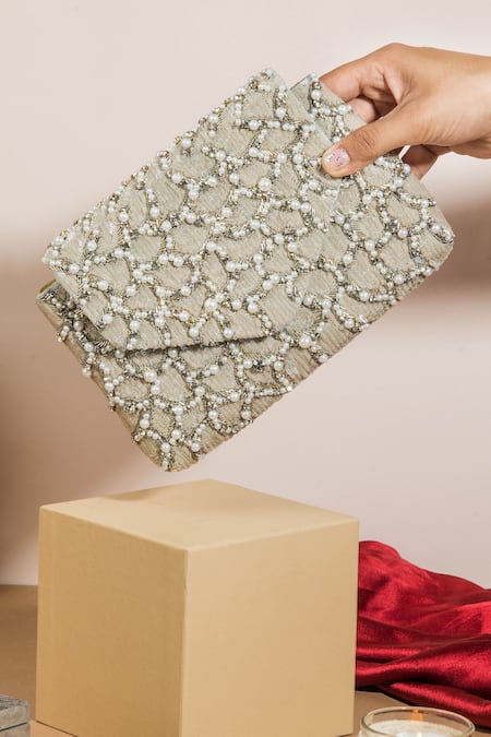 Shop The Purple Sack Silver Embroidery Embellished Clutch With Sling at Aza Fashions Shop_The Purple Sack_Silver Embroidery Embellished Clutch With Sling _at_Aza_Fashions