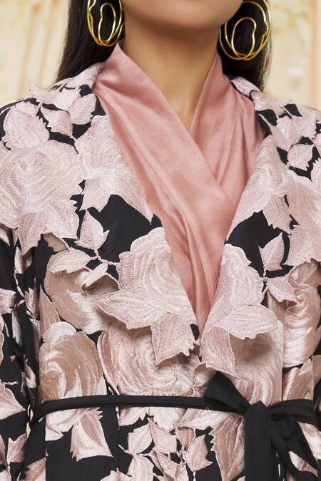 Shop_Aikeyah_Black Chanderi Thread V Neck Embroidered Jacket And Low Crotch Pant Set_Online_at_Aza_Fashions