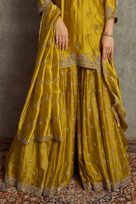 Buy_Jayanti Reddy_Yellow Cheniya Silk Floral Round Embroidered Kurta Sharara Set _Online_at_Aza_Fashions