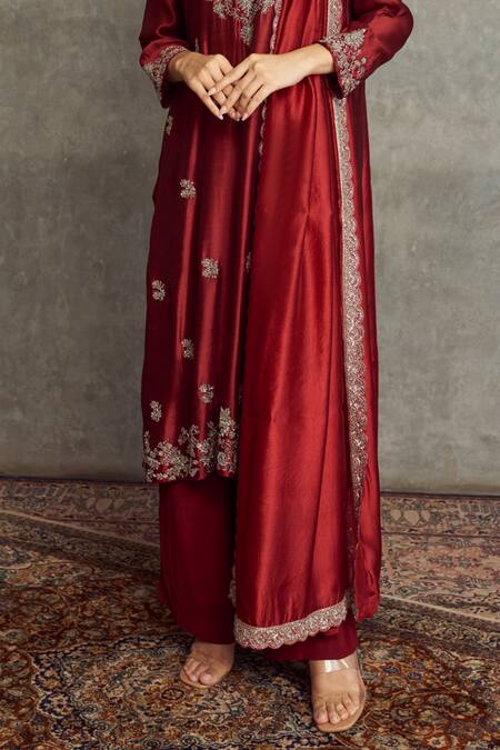 Buy Jayanti Reddy Maroon Cheniya Silk Floral Keyhole Embroidered Kurta Palazzo Set Online at Aza Fashions Buy_Jayanti Reddy_Maroon Cheniya Silk Floral Keyhole Embroidered Kurta Palazzo Set _Online_at_Aza_Fashions