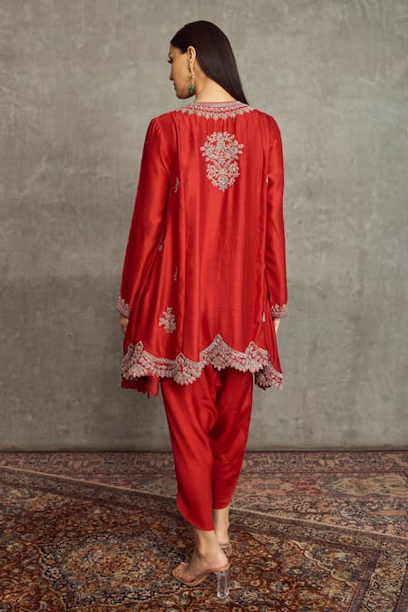 Shop_Jayanti Reddy_Red Cheniya Silk Floral Keyhole Embroidered Kurta And Dhoti Pant Set _at_Aza_Fashions
