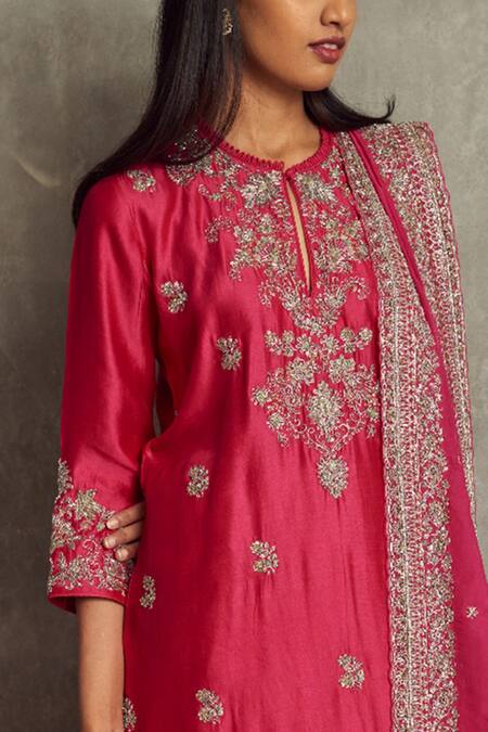 Jayanti Reddy_Pink Cheniya Silk Floral Keyhole Embroidered Kurta Dhoti Pant Set _Online_at_Aza_Fashions