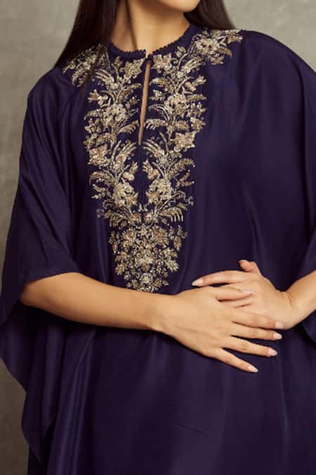 Jayanti Reddy Purple Dupion Silk Floral Loop Neck Embroidered Kaftan And Palazzo Set Online at Aza Fashions Jayanti Reddy_Purple Dupion Silk Floral Loop Neck Embroidered Kaftan And Palazzo Set _Online_at_Aza_Fashions