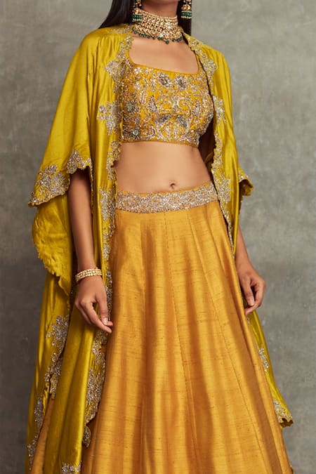 Jayanti Reddy Yellow Raw Silk Floral Open Embroidered Cape Lehenga Set Online at Aza Fashions Jayanti Reddy_Yellow Raw Silk Floral Open Embroidered Cape Lehenga Set _Online_at_Aza_Fashions