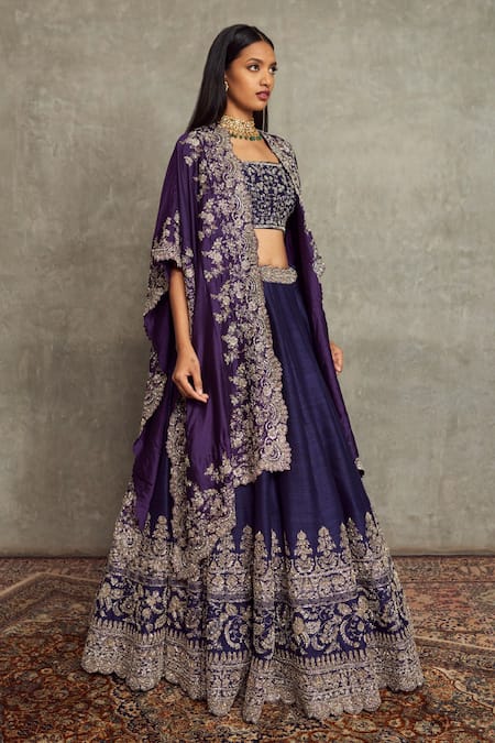 JAYANTI REDDY Purple Raw Silk Embroidered Floral Open Cape Lehenga Set  