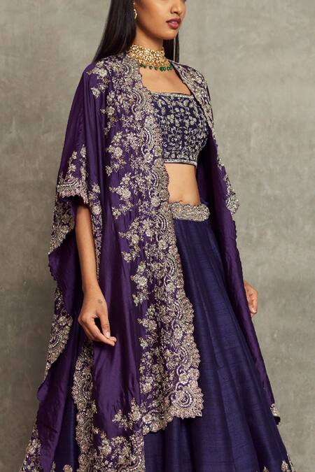 Jayanti Reddy_Purple Raw Silk Floral Open Embroidered Cape Lehenga Set _Online_at_Aza_Fashions