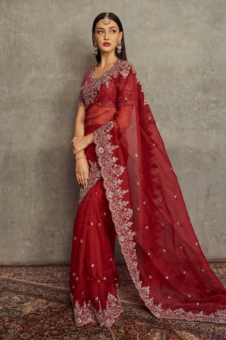 JAYANTI REDDY Red Organza Embroidered Floral Saree With Blouse  