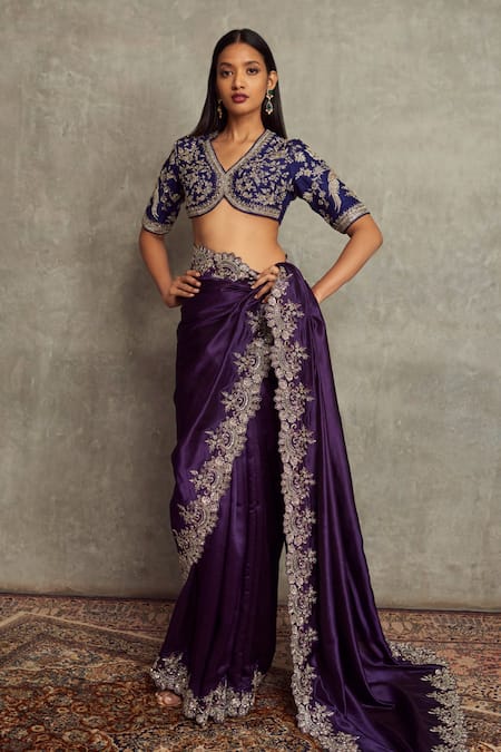 JAYANTI REDDY Purple Silk Embroidered Floral V Neck Saree With Blouse For Women