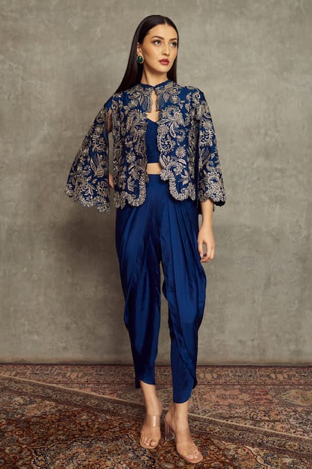 JAYANTI REDDY Blue Cheniya Silk Embroidered Floral Round Cape And Dhoti Pant Set  