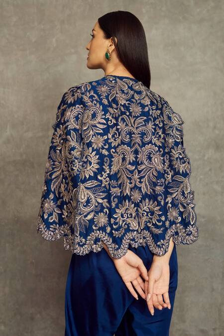 Shop Jayanti Reddy Blue Cheniya Silk Floral Round Embroidered Cape And Dhoti Pant Set at Aza Fashions Shop_Jayanti Reddy_Blue Cheniya Silk Floral Round Embroidered Cape And Dhoti Pant Set_at_Aza_Fashions