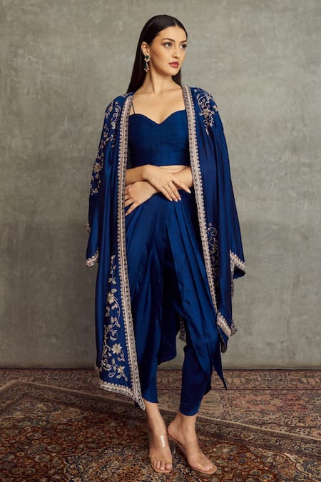 JAYANTI REDDY Blue Cheniya Silk Embroidered Floral Open Cape And Dhoti Pant Set  