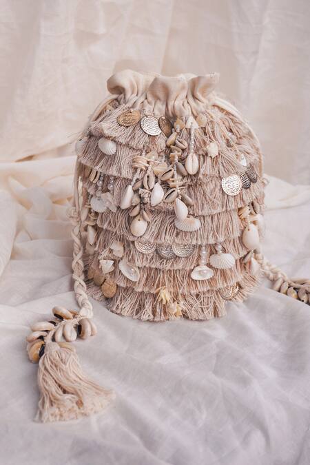 House Of Ekara_Beige Beads, Chains, Tassels Bohemian Rhapsody Embroidered Potli _Online_at_Aza_Fashions