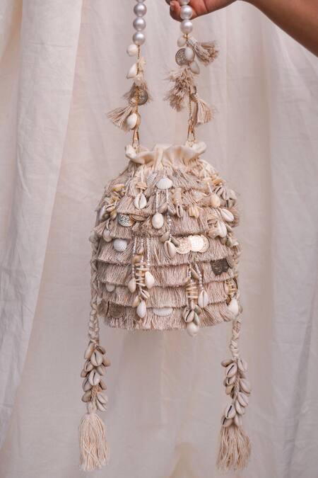 Buy_House Of Ekara_Beige Beads, Chains, Tassels Bohemian Rhapsody Embroidered Potli _Online_at_Aza_Fashions