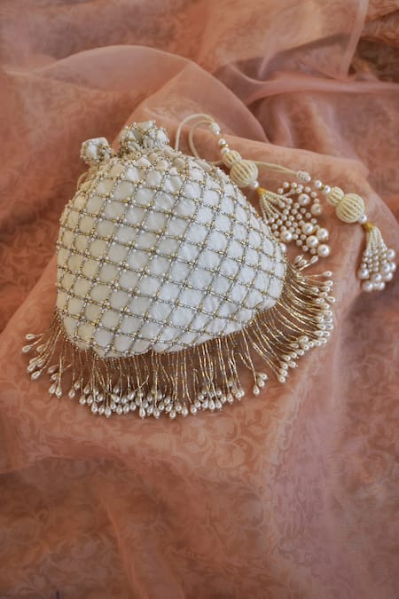House Of Ekara_White Pearls, Cut Work Masakali Embroidered Potli _Online_at_Aza_Fashions
