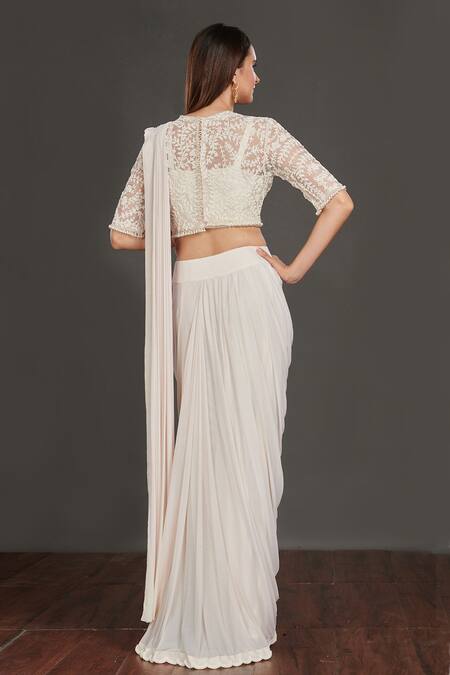 Shop Onaya Off White Blouse Round, Inner Blouse Square Pre-draped Saree With Embroidered at Aza Fashions Shop_Onaya_Off White Blouse Round, Inner Blouse Square Pre-draped Saree With Embroidered_at_Aza_Fashions