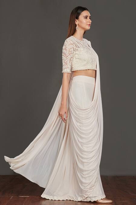 Onaya Off White Blouse Round, Inner Blouse Square Pre-draped Saree With Embroidered Online at Aza Fashions Onaya_Off White Blouse Round, Inner Blouse Square Pre-draped Saree With Embroidered_Online_at_Aza_Fashions