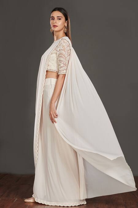 Buy Onaya Off White Blouse Round, Inner Blouse Square Pre-draped Saree With Embroidered Online at Aza Fashions Buy_Onaya_Off White Blouse Round, Inner Blouse Square Pre-draped Saree With Embroidered_Online_at_Aza_Fashions