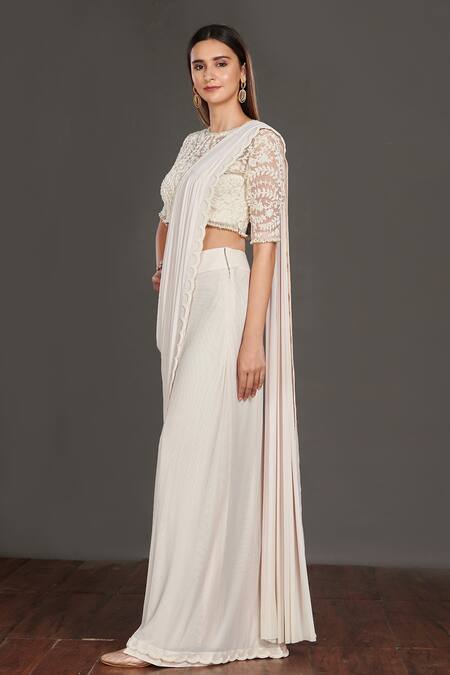 Shop Onaya Off White Blouse Round, Inner Blouse Square Pre-draped Saree With Embroidered Online at Aza Fashions Shop_Onaya_Off White Blouse Round, Inner Blouse Square Pre-draped Saree With Embroidered_Online_at_Aza_Fashions