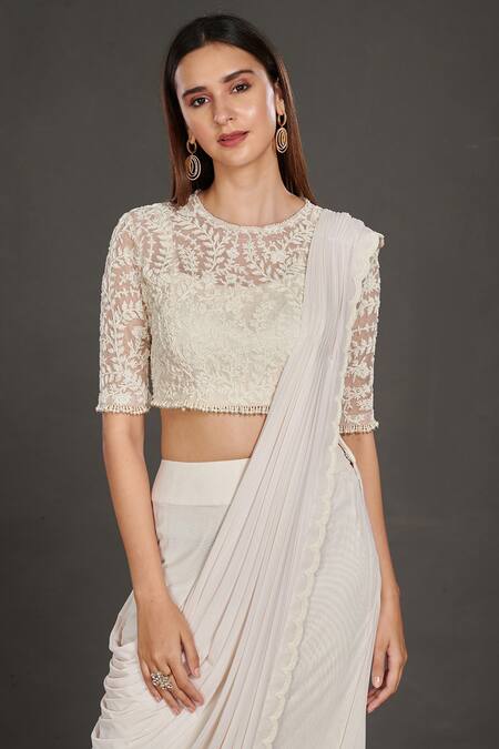 Onaya Off White Blouse Round, Inner Blouse Square Pre-draped Saree With Embroidered at Aza Fashions Onaya_Off White Blouse Round, Inner Blouse Square Pre-draped Saree With Embroidered_at_Aza_Fashions