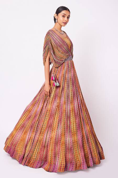 Onaya_Multi Color Georgette Geometric, Mirror And Cutdana Square Neck Print Pleated Gown_Online_at_Aza_Fashions
