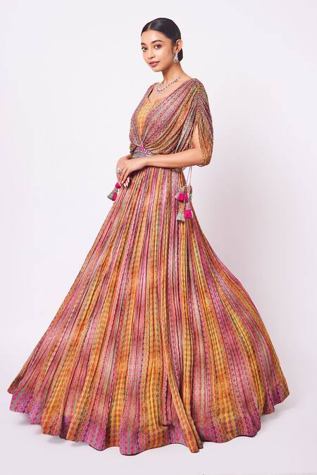 Buy_Onaya_Multi Color Georgette Geometric, Mirror And Cutdana Square Neck Print Pleated Gown_Online_at_Aza_Fashions
