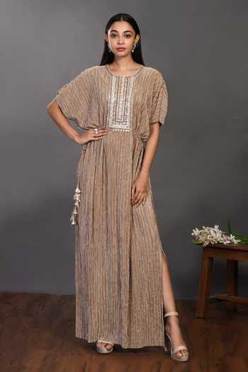 Chocolate Brown Multi Colored  Kaftaan Top With Pleated Yoke