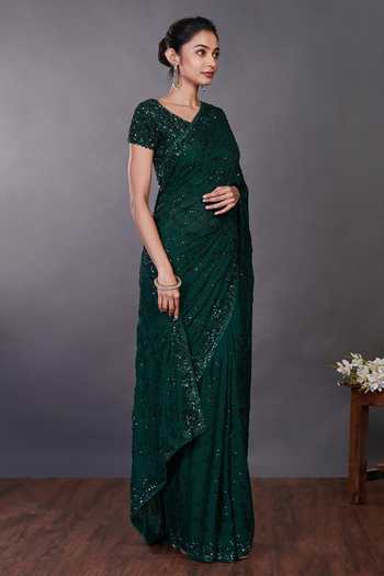 Onaya_Green Georgette Sequin Embroidered Saree With Blouse_Online_at_Aza_Fashions