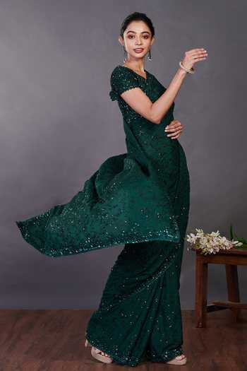 Shop_Onaya_Green Georgette Sequin Embroidered Saree With Blouse_Online_at_Aza_Fashions