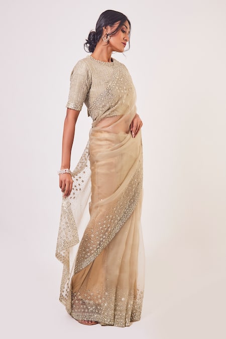 Onaya_Beige Silk And Organza Beads & Thread, Sequin Round Embroidered Saree With Blouse_Online_at_Aza_Fashions