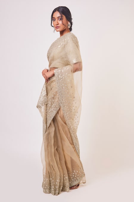 Buy_Onaya_Beige Silk And Organza Beads & Thread, Sequin Round Embroidered Saree With Blouse_Online_at_Aza_Fashions