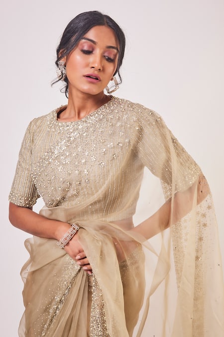 Shop_Onaya_Beige Silk And Organza Beads & Thread, Sequin Round Embroidered Saree With Blouse_Online_at_Aza_Fashions