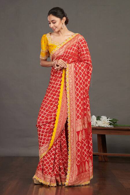 yellow Woven Banarasi Silk Saree With Rama Blouse