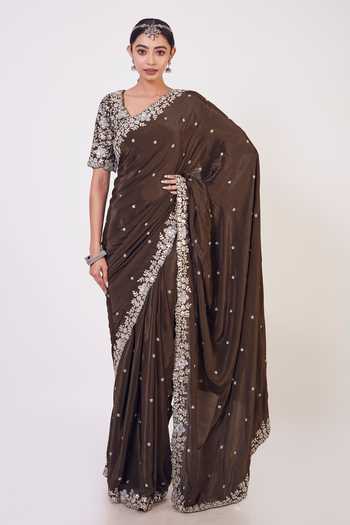 Buy Onaya Brown Crepe Sequin Embroidered Saree With Blouse at Aza Fashions Buy_Onaya_Brown Crepe Sequin Embroidered Saree With Blouse_at_Aza_Fashions