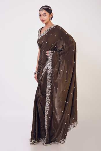 Onaya Brown Crepe Sequin Embroidered Saree With Blouse Online at Aza Fashions Onaya_Brown Crepe Sequin Embroidered Saree With Blouse_Online_at_Aza_Fashions