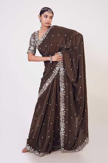 Buy Onaya Brown Crepe Sequin Embroidered Saree With Blouse Online at Aza Fashions Buy_Onaya_Brown Crepe Sequin Embroidered Saree With Blouse_Online_at_Aza_Fashions