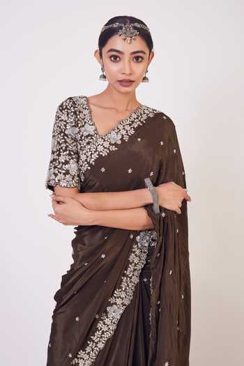 Shop Onaya Brown Crepe Sequin Embroidered Saree With Blouse Online at Aza Fashions Shop_Onaya_Brown Crepe Sequin Embroidered Saree With Blouse_Online_at_Aza_Fashions